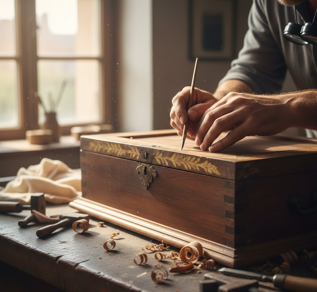 Detaljerad restaurering av möbel